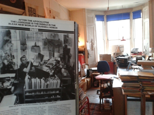 Russell Hoban's workroom with original "People" review of Riddley Walker in foreground