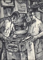 ‘The Atomic Submarine’: captain and a crew man looking at the radar repeater. Published by Harper and Brothers