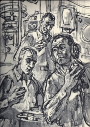 ‘The Atomic Submarine’: Captain and officers in the attack centre. Published by Harper and Brothers